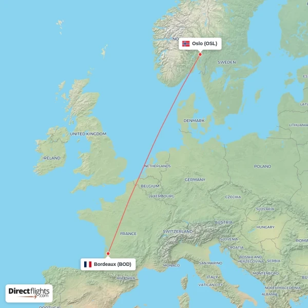Oslo - Bordeaux direct flight map