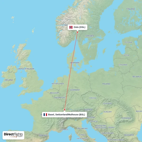 Oslo - Basel, Switzerland/Mulhouse direct flight map