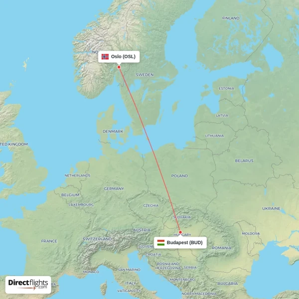 Oslo - Budapest direct flight map