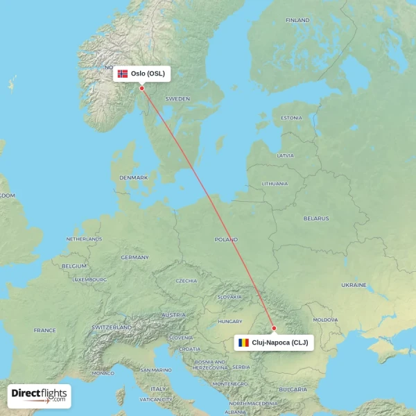 Oslo - Cluj-Napoca direct flight map