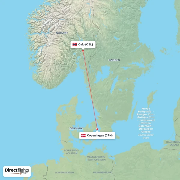 Oslo - Copenhagen direct flight map