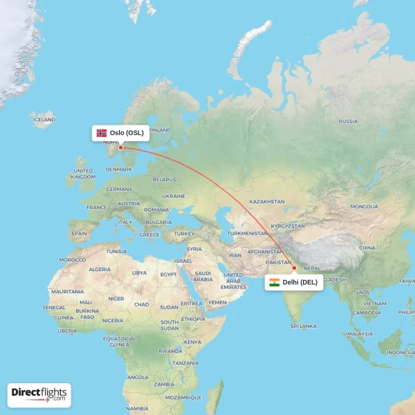 Oslo - Delhi direct flight map