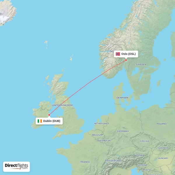 Oslo - Dublin direct flight map