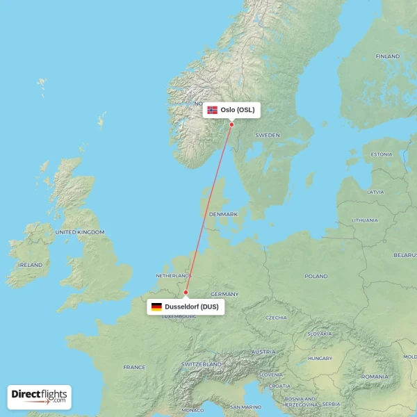 Oslo - Dusseldorf direct flight map