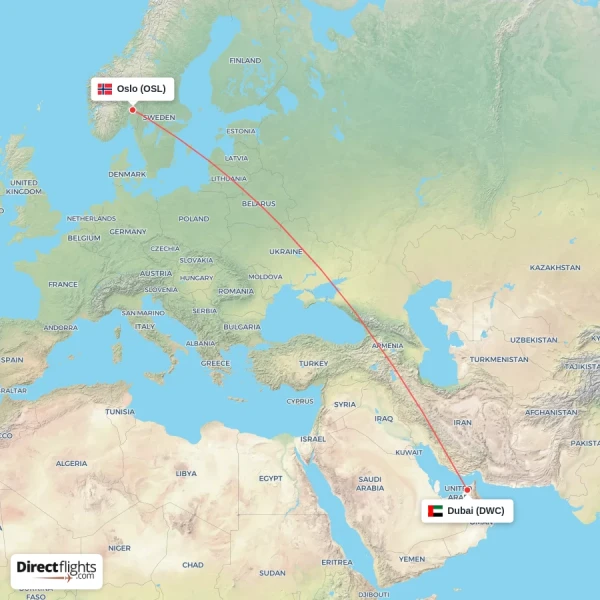 Oslo - Dubai direct flight map