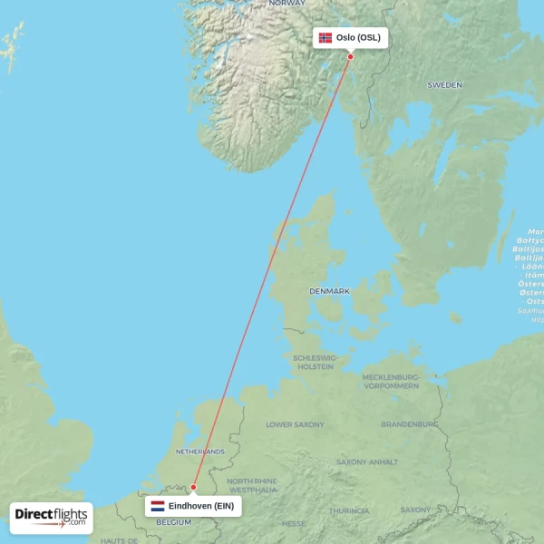 Oslo - Eindhoven direct flight map