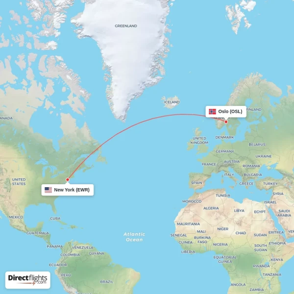 Oslo - New York direct flight map