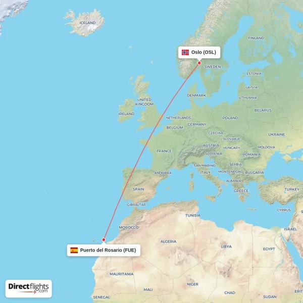 Oslo - Puerto del Rosario direct flight map
