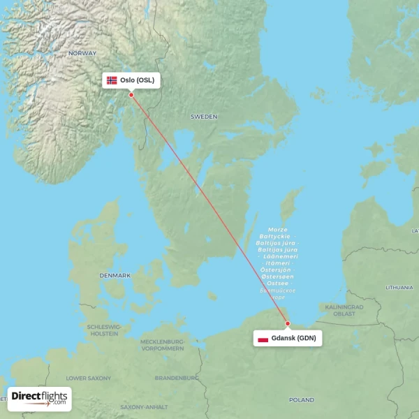 Oslo - Gdansk direct flight map