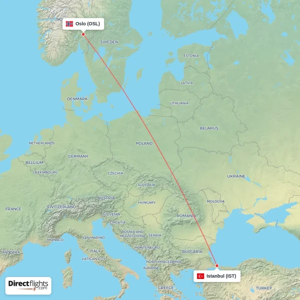 Oslo - Istanbul direct flight map