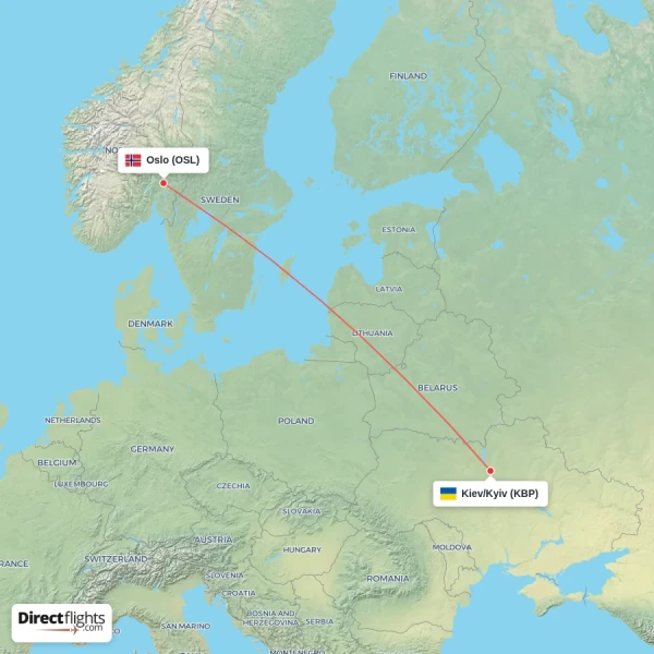 Oslo - Kiev/Kyiv direct flight map