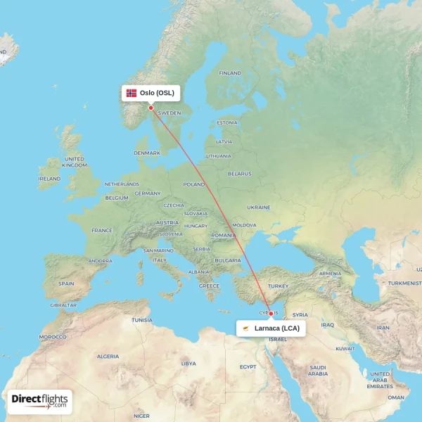 Oslo - Larnaca direct flight map