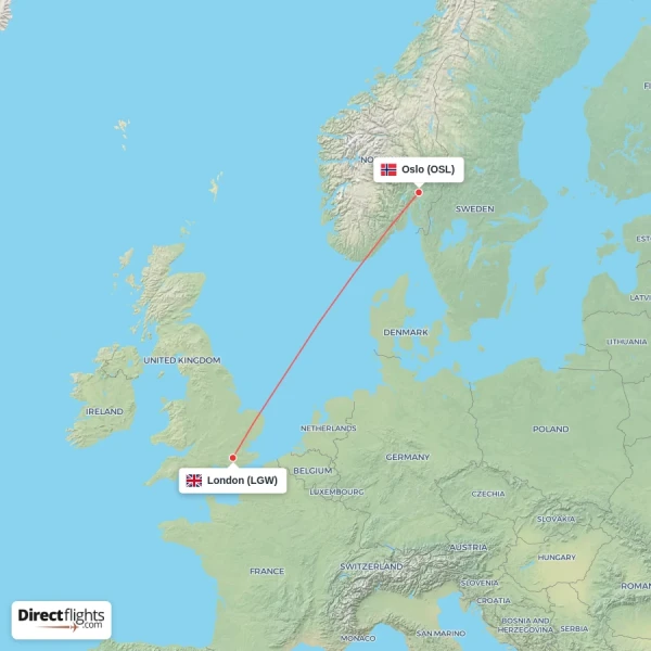Oslo - London direct flight map