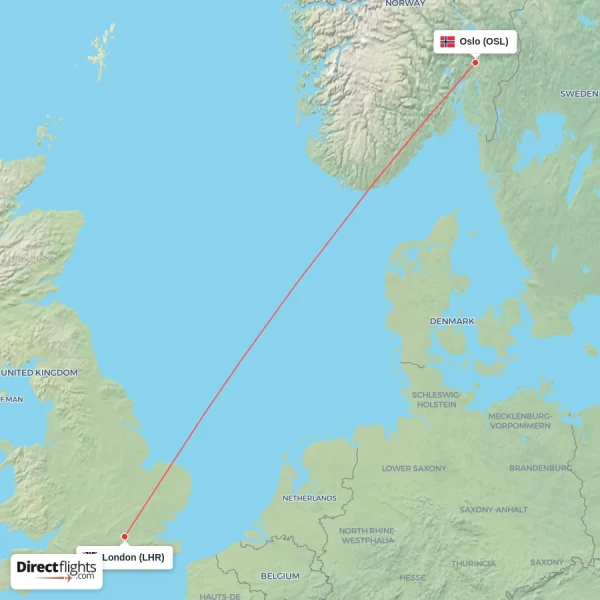 Oslo - London direct flight map