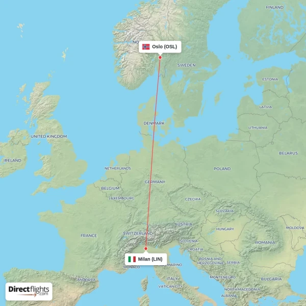 Oslo - Milan direct flight map