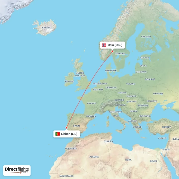 Oslo - Lisbon direct flight map