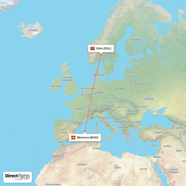 Oslo - Menorca direct flight map