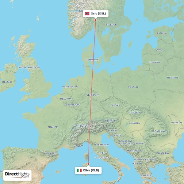 Oslo - Olbia direct flight map