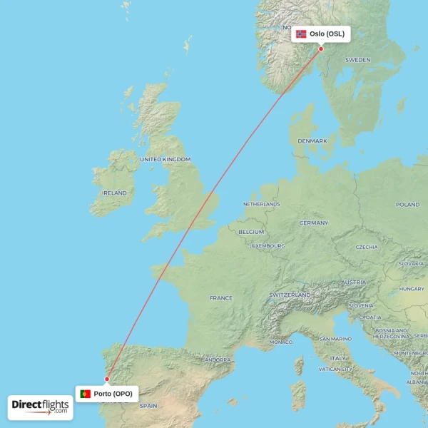 Oslo - Porto direct flight map