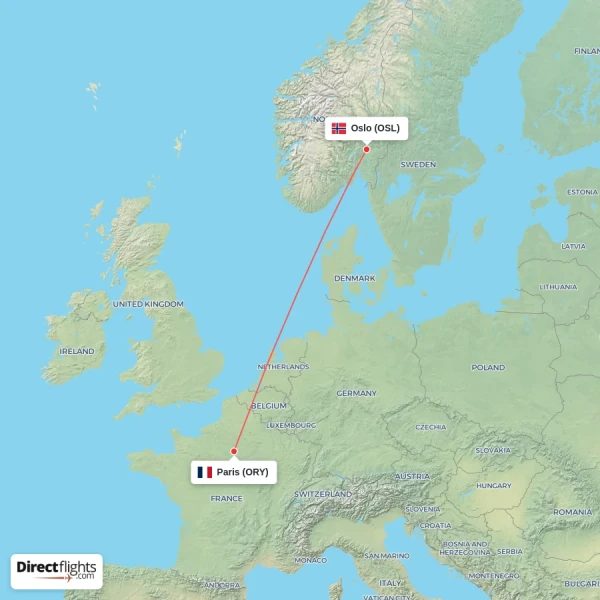 Oslo - Paris direct flight map