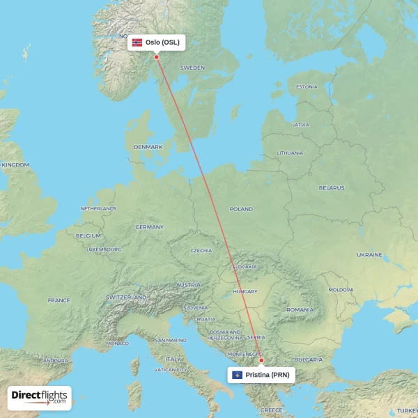 Oslo - Pristina direct flight map