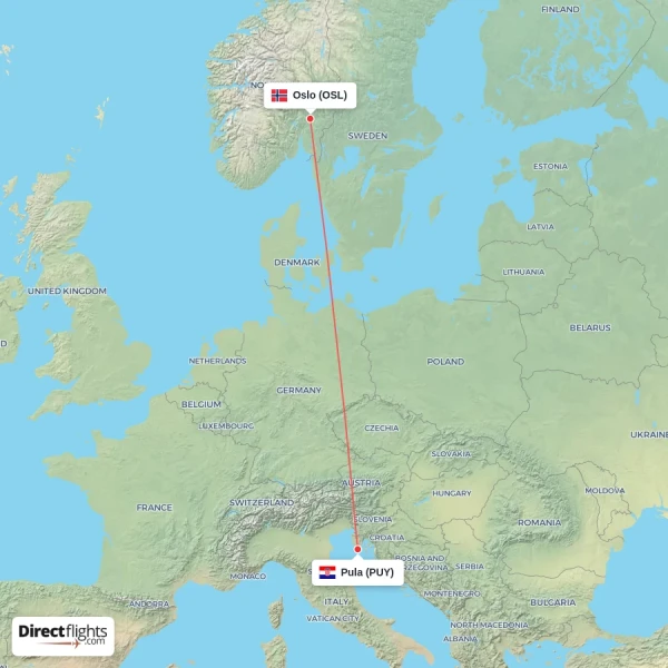 Oslo - Pula direct flight map