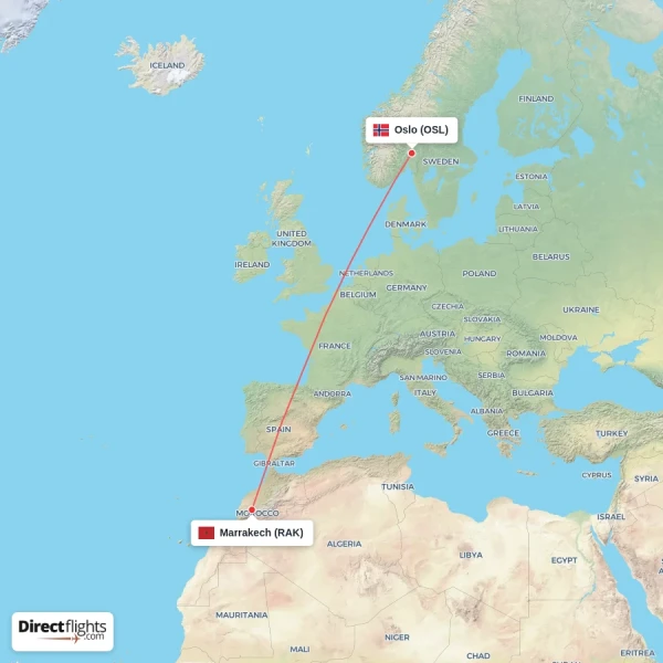 Oslo - Marrakech direct flight map