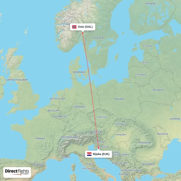 Oslo - Rijeka direct flight map