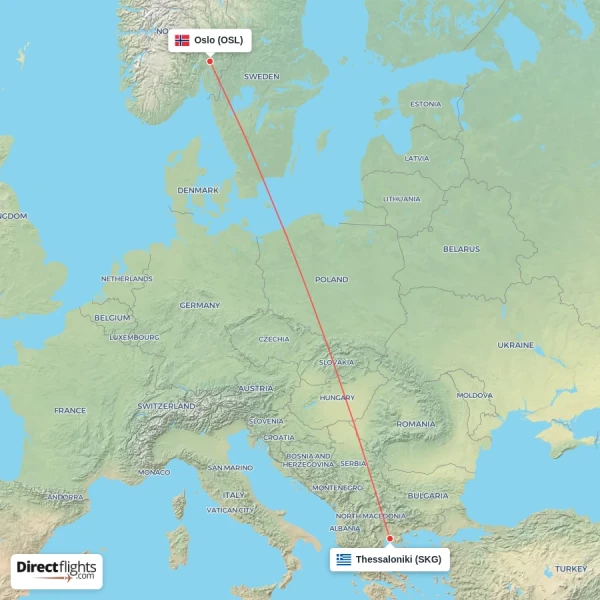 Oslo - Thessaloniki direct flight map