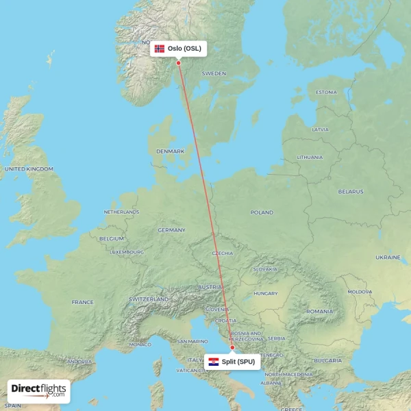 Oslo - Split direct flight map