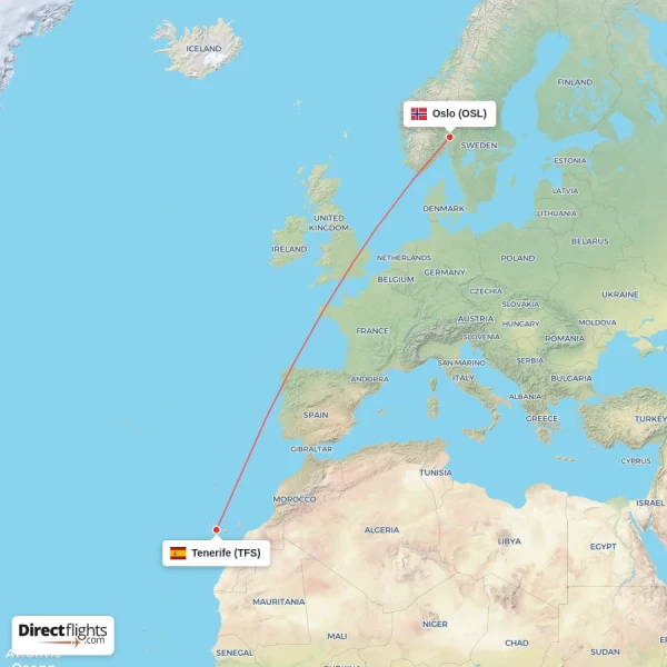Oslo - Tenerife direct flight map