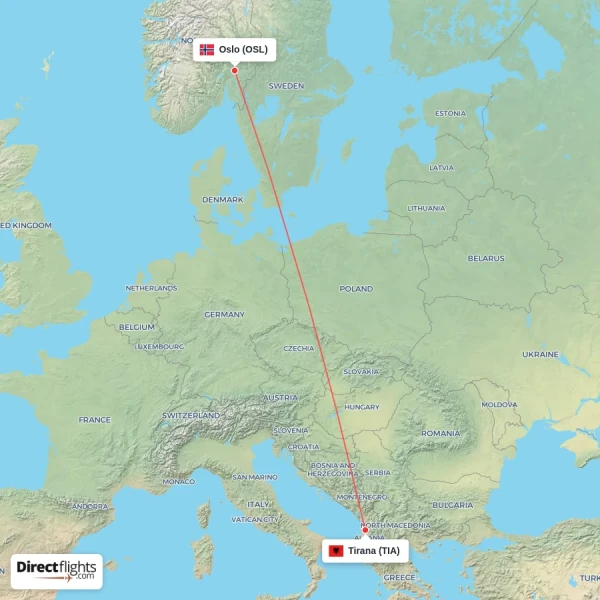 Oslo - Tirana direct flight map