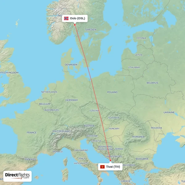Oslo - Tivat direct flight map