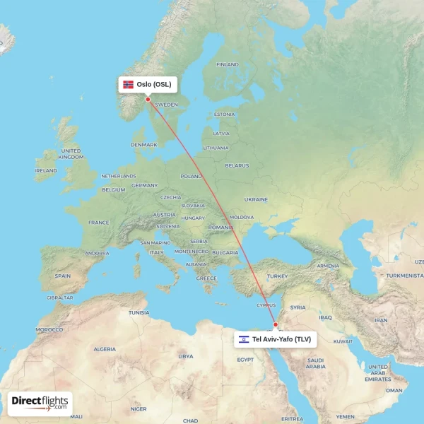 Oslo - Tel Aviv-Yafo direct flight map