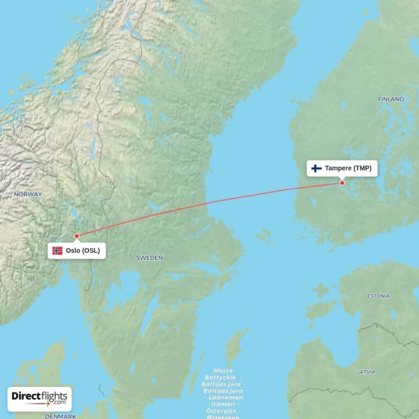 Oslo - Tampere direct flight map