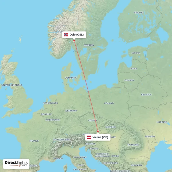 Oslo - Vienna direct flight map