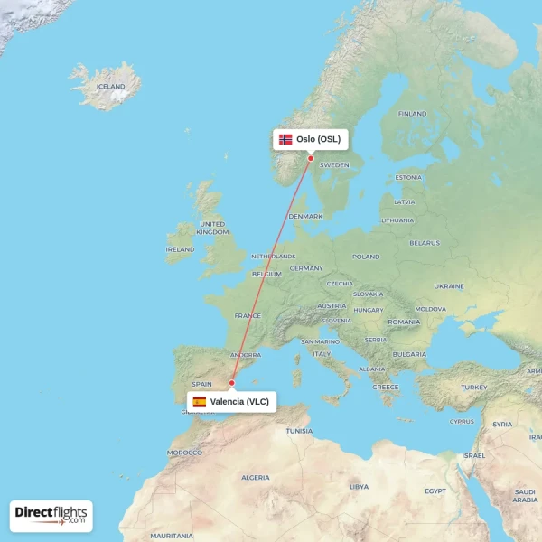 Oslo - Valencia direct flight map