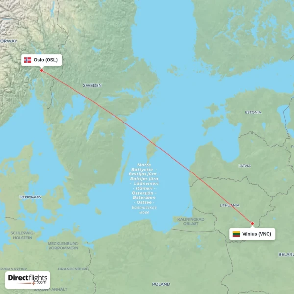 Oslo - Vilnius direct flight map
