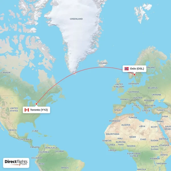 Oslo - Toronto direct flight map