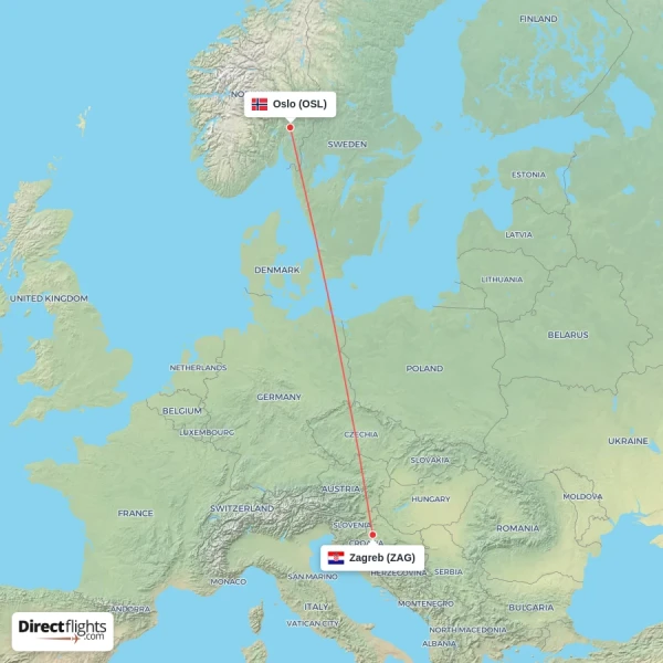 Oslo - Zagreb direct flight map