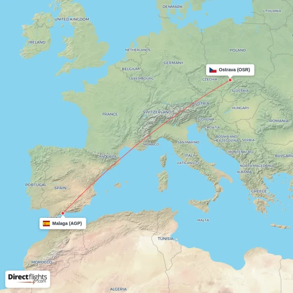 Ostrava - Malaga direct flight map
