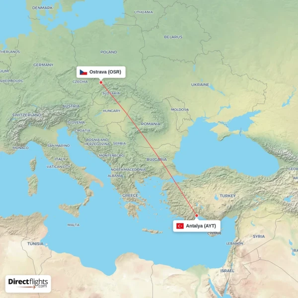 Ostrava - Antalya direct flight map