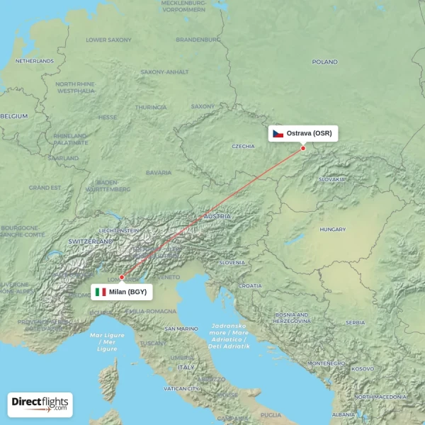 Ostrava - Milan direct flight map