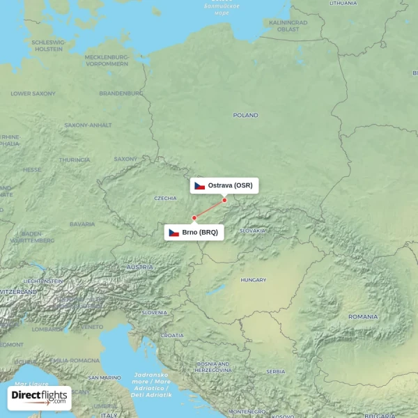 Ostrava - Brno direct flight map