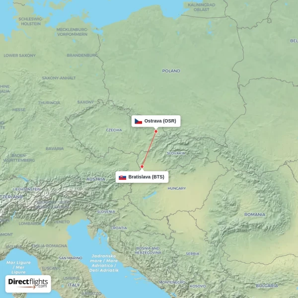Ostrava - Bratislava direct flight map