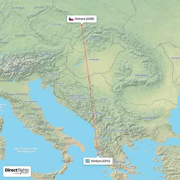 Ostrava - Kerkyra direct flight map