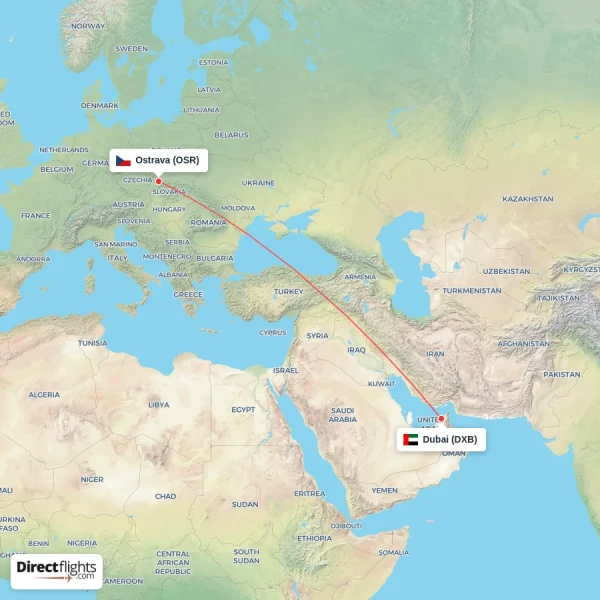 Ostrava - Dubai direct flight map