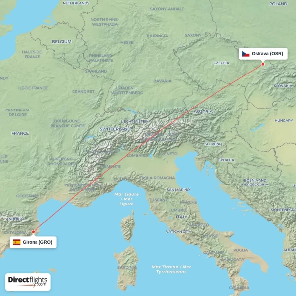 Ostrava - Girona direct flight map