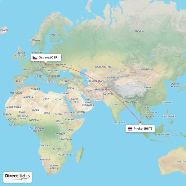 Ostrava - Phuket direct flight map