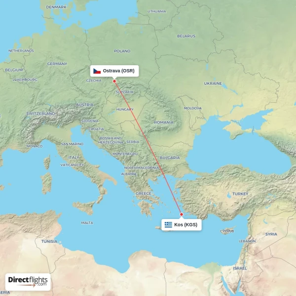 Ostrava - Kos direct flight map